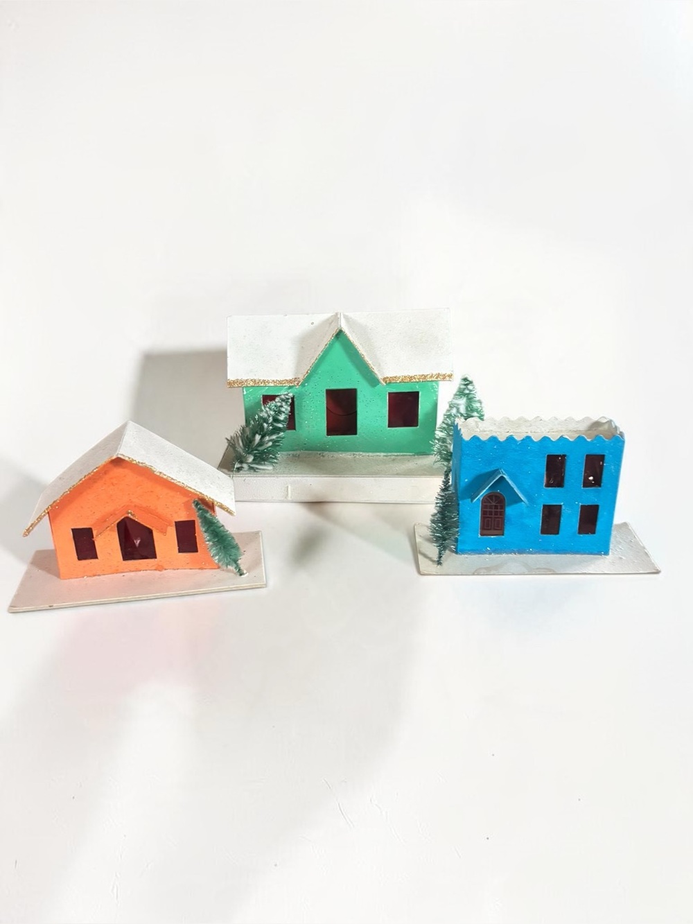 Vintage Japan Putz Christmas Village Houses Set of 3 Glitter Snow Decor